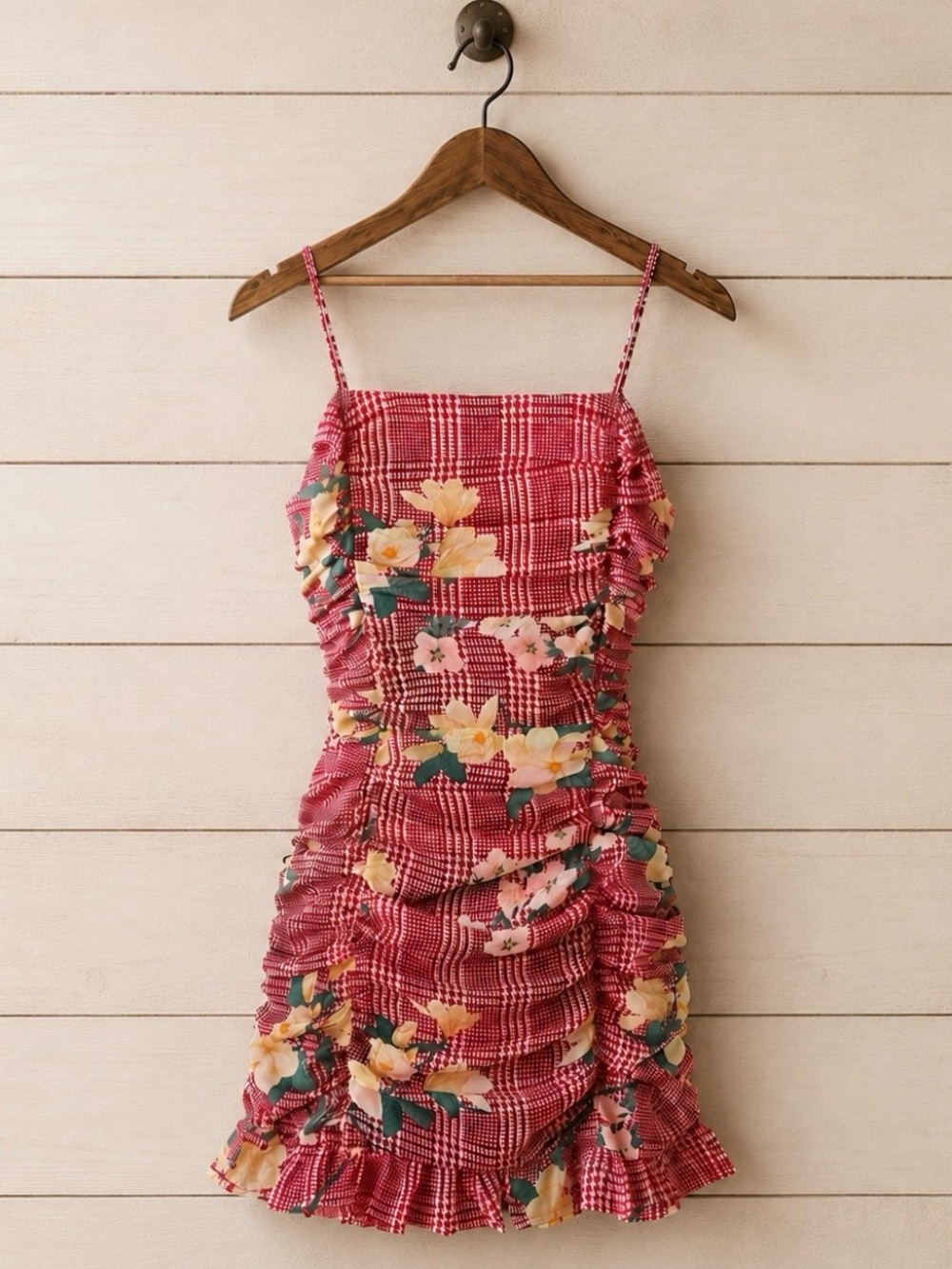 Women's Camellia Fall Red Plaid Floral Ruched Mini Spaghetti Strap Dress Small